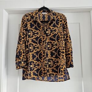 SIONI MID CENTURY MODERN BUTTON FRONT BLOUSE TOP NAVY/GOLD SIZE Small